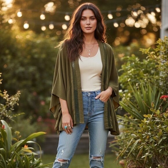 Free People Sweaters - Free People Boho Kimono Jacket | Olive Green Flowy Duster Open Front Cottagecore